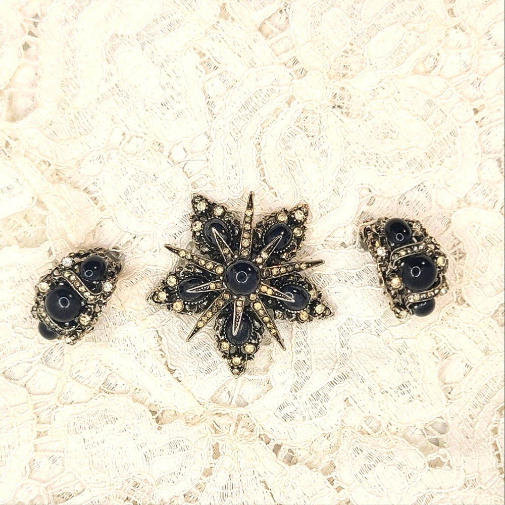 VTG Arther Pepper ART(c) Black & Silver Star Brooch & earrings FREE SHIPPING
